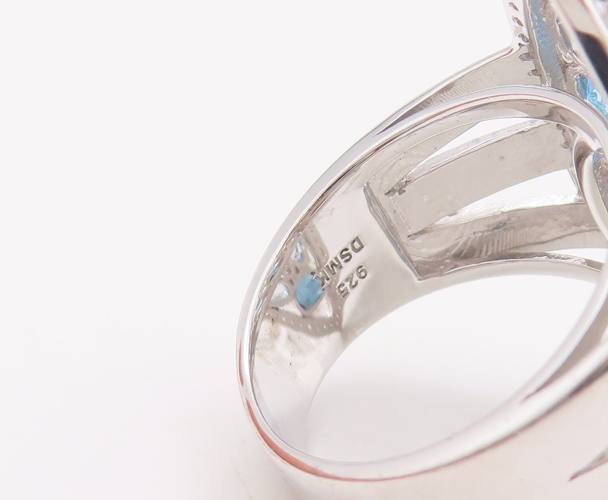925 Sterling Silver Vintage Ring Carved Oval Cut Blue Topaz Inlay