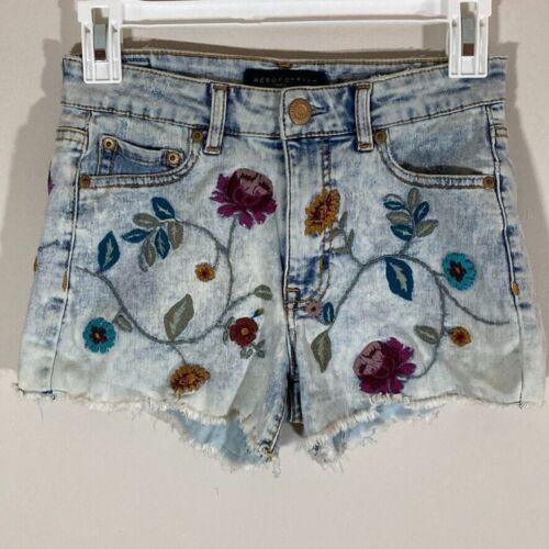 Aeropostale Denim Shorts Womens 2 High Waisted Midi Embroidered Floral 3" Inseam