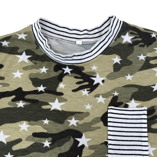 Girls Knit T-Shirt Youth Size Medium* Green Gray Camo Stars Short Sleeve - Picture 3 of 7