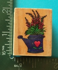 FLOWERS IN A WATERING CAN Rubber Stamp with HEART