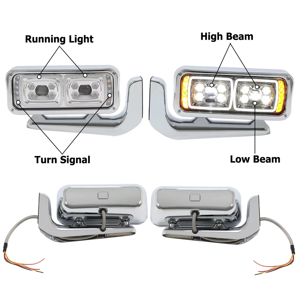 For Peterbilt 1981-2023 359 379 389 LED DRL Projector Headlights Headlamp Chrome - Image 2 of 4