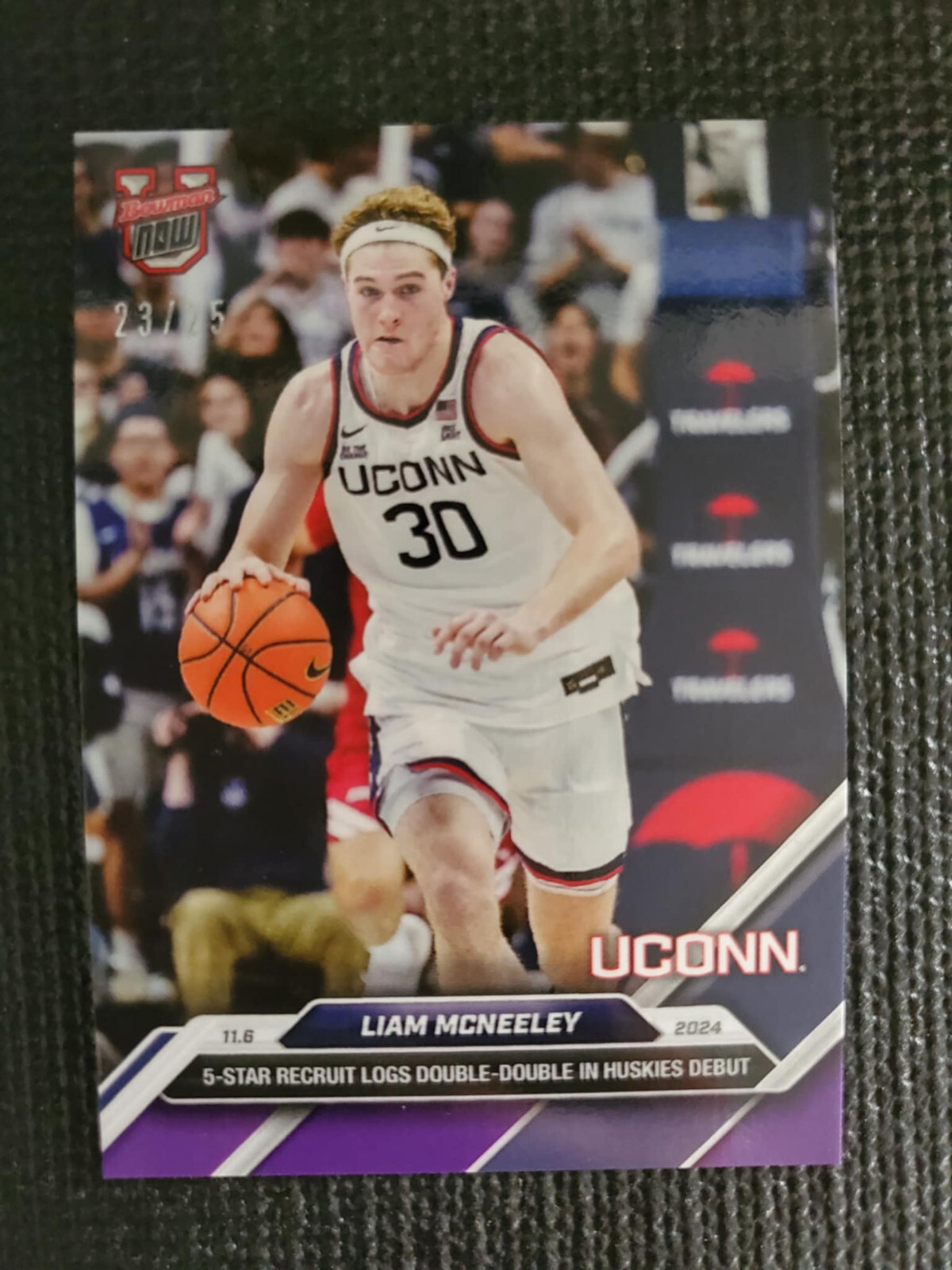 Liam McNeeley UCONN 2024-25 Bowman U NOW Basketball Card 6 Purple Parallel 23/25