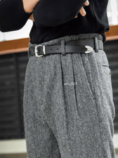 Men's Tweed Pleated Trouser High Waist Pants Top Vintage Straight Classics Retro