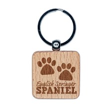 English Springer Spaniel Dog Paw Prints Fun Text Engraved Wood Square Keychain