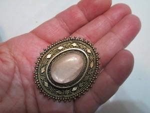 Authentic Vtg Israel 935 Silver Gold Plated Rose Quartz Gem Pin Brooch Pendant
