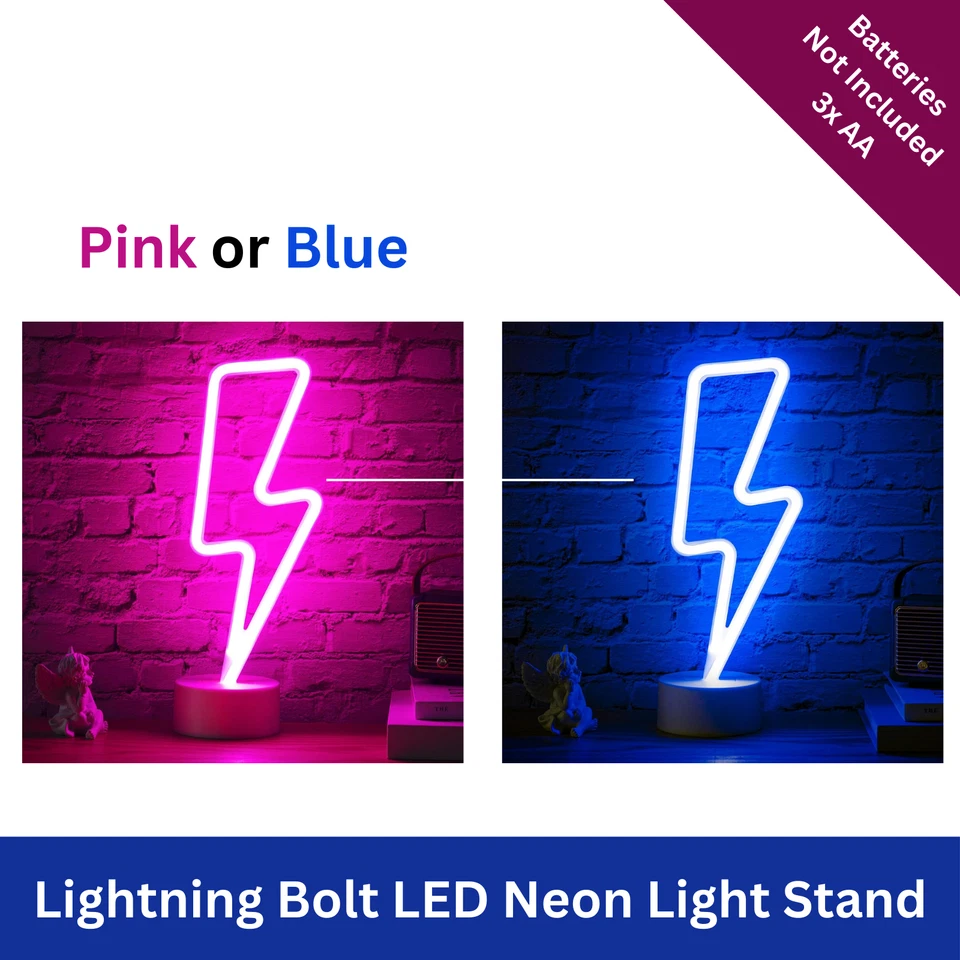 Lightning Bolt LED Neon Battery Powered Sign Stand With Holder Base. Pink / Blue