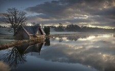 Landscape nature frost morning cottage clouds trees Custom Gaming Mat Desk