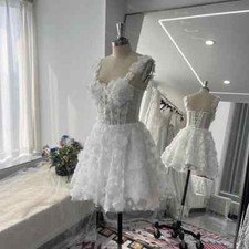 3D Lace Flowers White Mini Wedding Dresses Spaghetti Strap Short Bridal Gowns