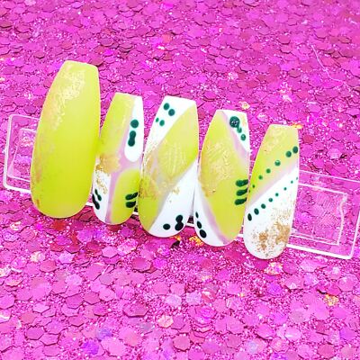 Abstract White Green Gold Long Coffin Nail Set Gel Press On Nails Fake Glue Nail