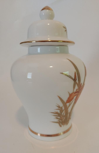 Gorgeous Ginger Jar with bronze colored lilies and green leaves with gold trim - Picture 5 of 12