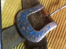 inlaid turquoise belt buckle with tooled belt leather length 39 inches x 1.1 in.