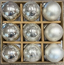Tinsel and Fir Silver Kugel Style Glass Heavyweight Christmas Ornaments Set Of 9
