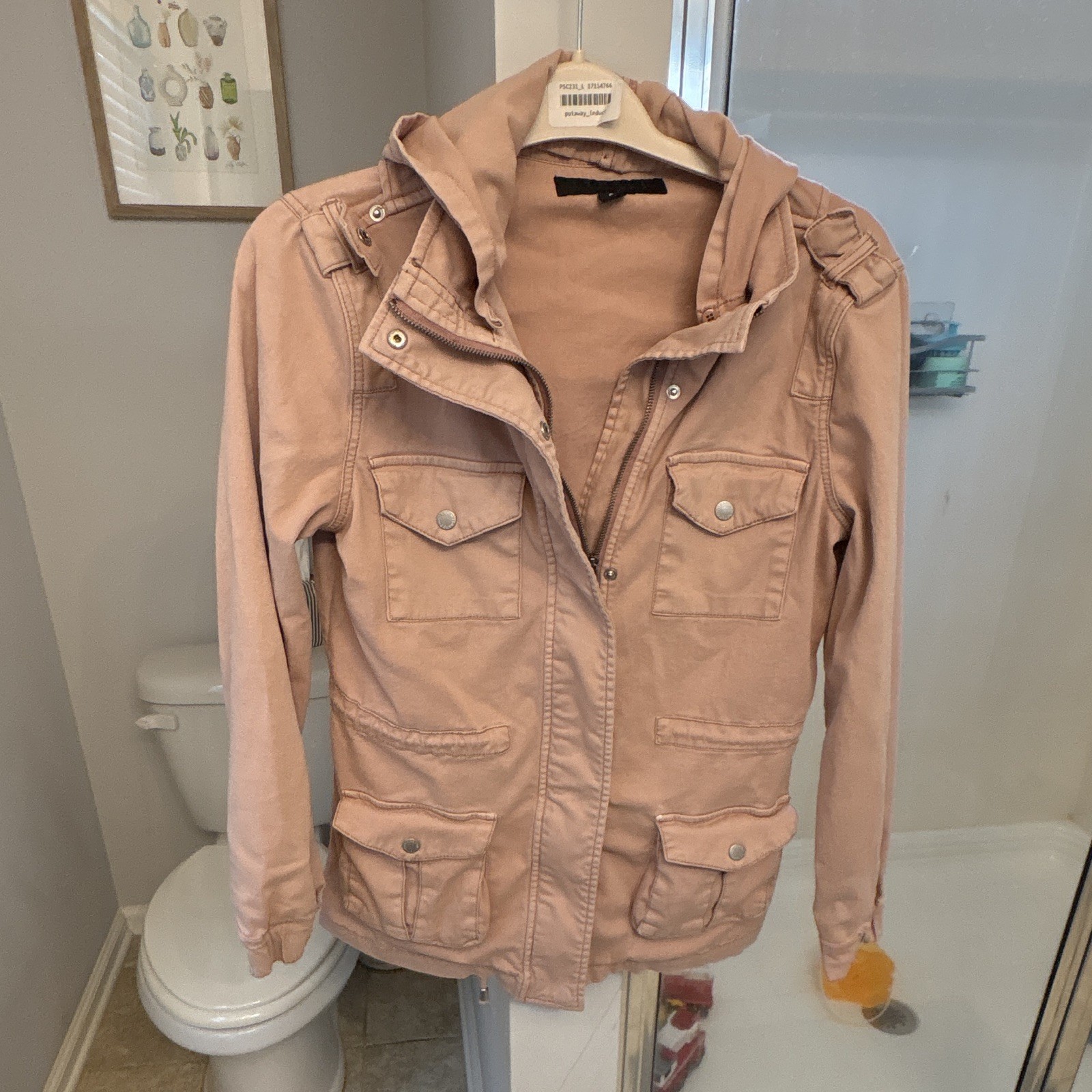 Tinsel Women's Hooded Utility Jacket Mid-Length Full Zip Snap Pockets Pink S