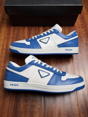 Prada Downtown Triangle Logo White Blue Mens Leather Sneakers - Size 11P 12US