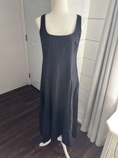 GAP Dress Womens Small Petite Black Linen Blend Square Neck Smocked Midi A-Line