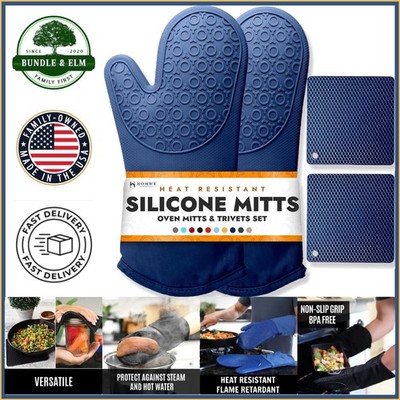 Blue Silicone Oven Mitts and Trivets Set for Ultimate Kitchen Convenience