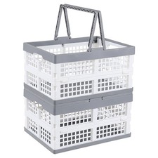 2 PCS 15L Collapsible Plastic Shopping Basket Foldable Storage Crates Handles