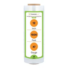 4 Rolls Clear 12" x 1500 Ft. Down Gauge Cast Hand Stretch Wrap,  47 Gauge