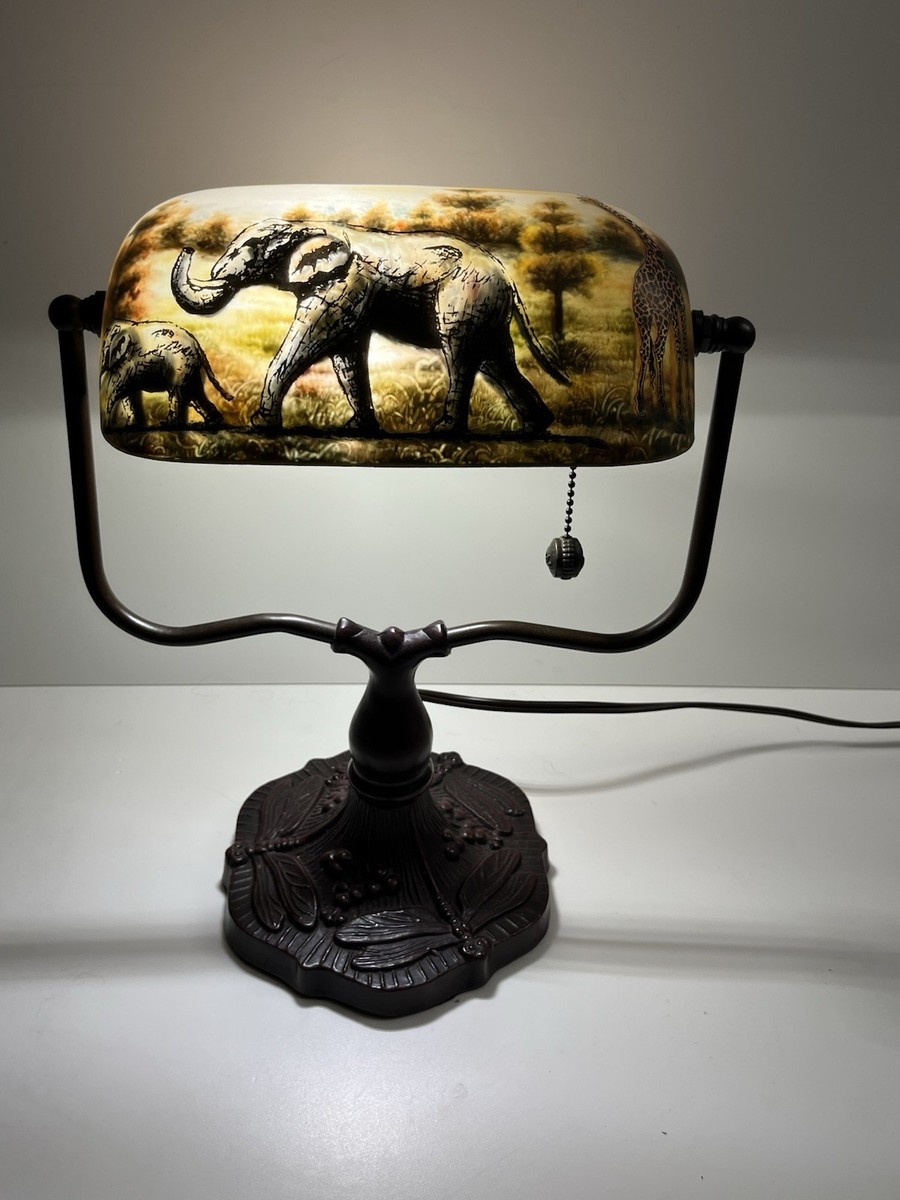 Dale Tiffany Reverse Painted Bankers Desk Lamp African Safari