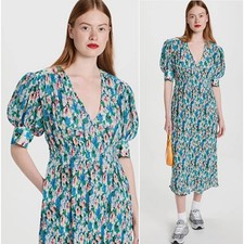 Ganni Romantic Floral Pleated Georgette Midi Dress Puff Sleeves Size 38 US 6