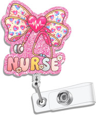 Cute Bow Stethoscope Nurse Badge Reel Retractable, Pink Glitter EKG Heart ID