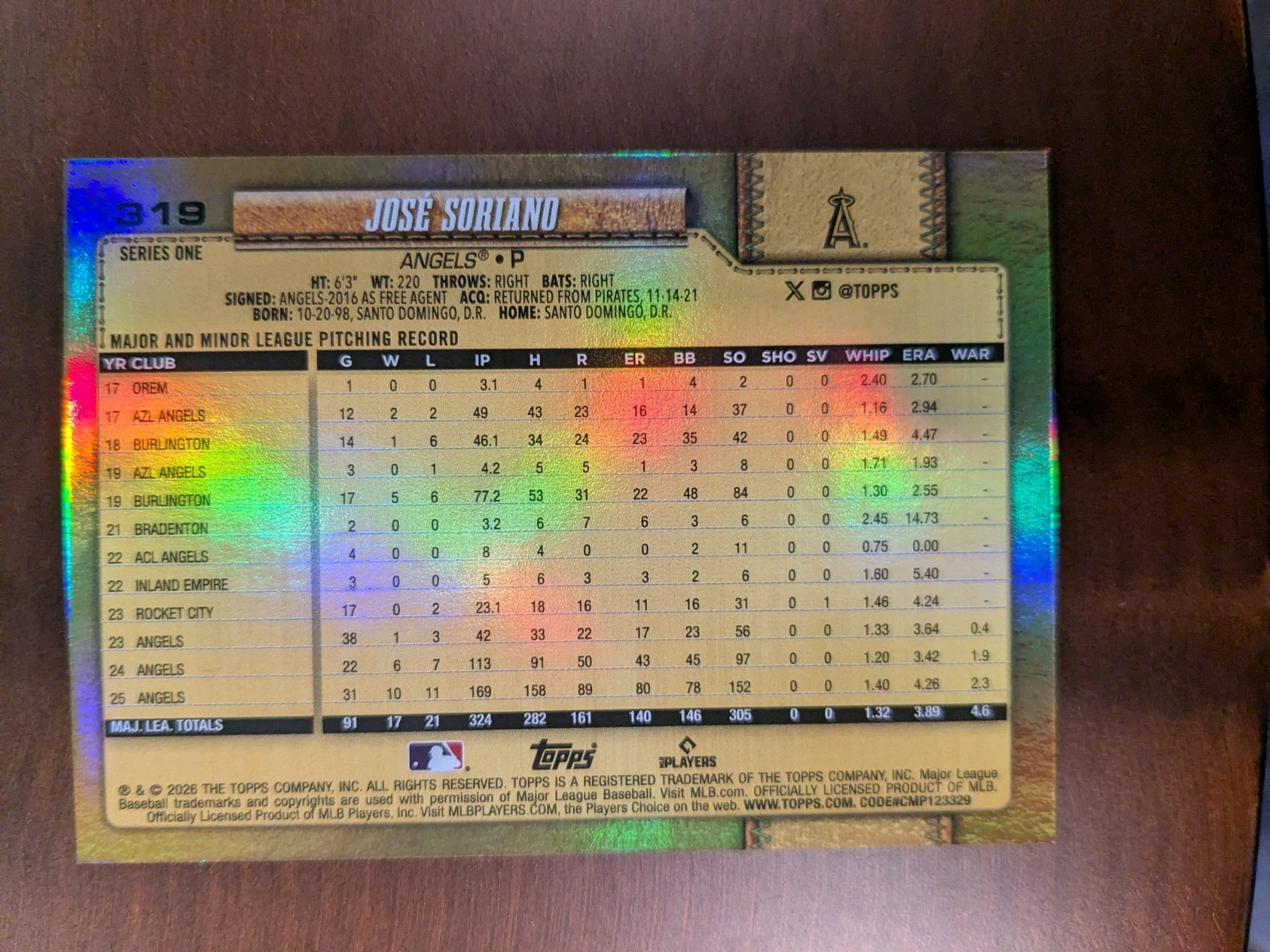 Topps 2026 Series One José Soriano Los Angeles Angels #319 Golden Mirror Card