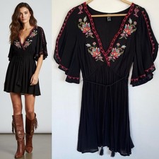 FOREVER 21 Boho Black Embroidered Mini Dress Floral Swing Flutter Sleeve S