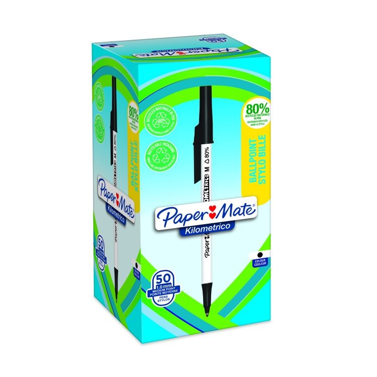 Paper Mate 2187701 Kilometrico Recycled Black Ball Pen pack of 50 pens
