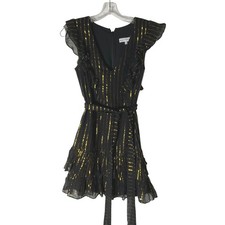Karina Grimaldi Dress Ruffle V-Neck Mini Black Gold Metallic Striped Size XS