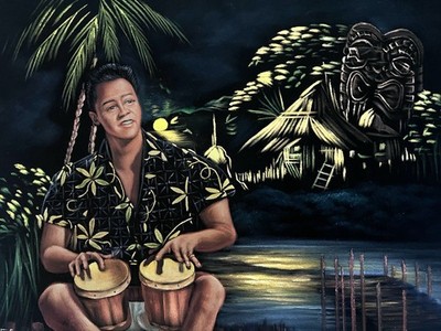 Hawaiian Landscape Elvis Presley Playing Bongos black velvet oil painting art