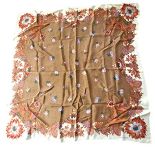 Beautiful Ellen Tracy Square Silk Scarf Bronze Fall Floral Print 33" by 33"