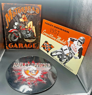 3 Harley Davidson Vintage Reproduction Tin Tacker Signs 1957 Competition Skulls