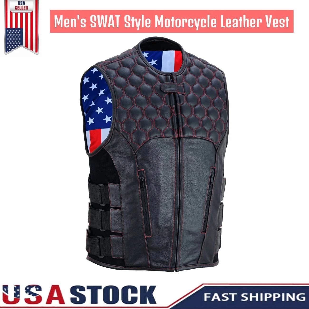 Men's SWAT Style Motorcycle Biker Leather Vest with 2 Concealed Gun Pockets US