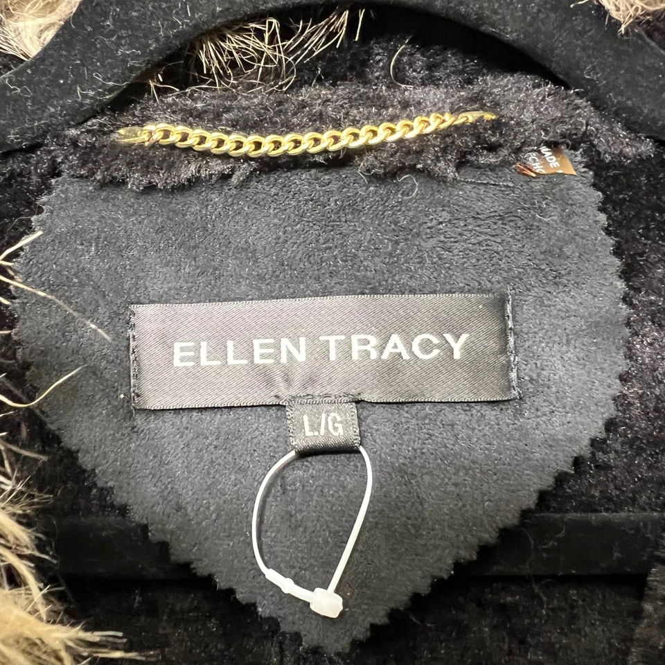 Ellen Tracy Black Faux Suede Hooded Coat Gold Zipper Faux Fur Trim Large - Image 2 of 4