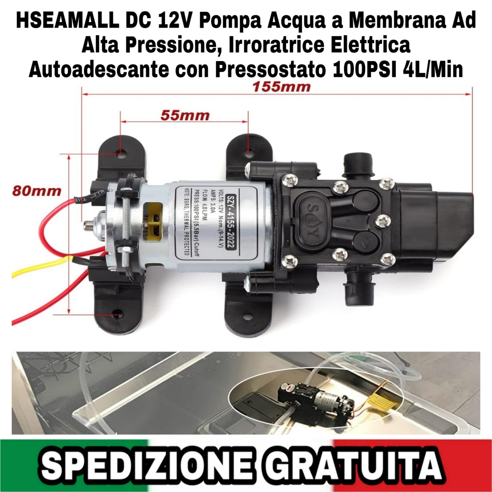 Pompa Acqua 12V 100PSI 4L/Min - Autoadescante a Membrana Professionale