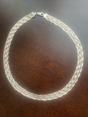 Vintage SU 925 Sterling Silver Braided Herringbone Woven Mesh Necklace 18  X 13m