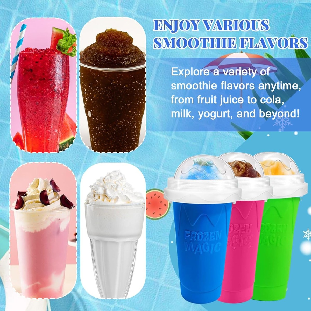 Slushie Cup, 2 Pack Slushy Maker Frozen Magic Squeeze Cups for Blue+Pink