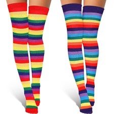 Syhood 2 Pairs Women Striped Socks Long Thigh High One Size, Colorful