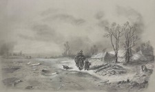 Disegno A Carboncino e Flangia Paesaggio De France Animato Sotto La Neve Anonimo