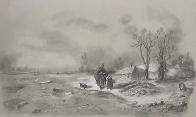 Dessin au fusain et rehaut Paysage de France animé sous la neige anonyme c 1880 - Photo 1/4