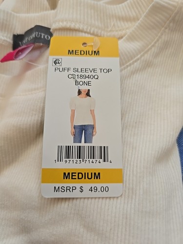 Vince Camuto Women's Short Puff Sleeve Ribbed Crewneck Top Size M