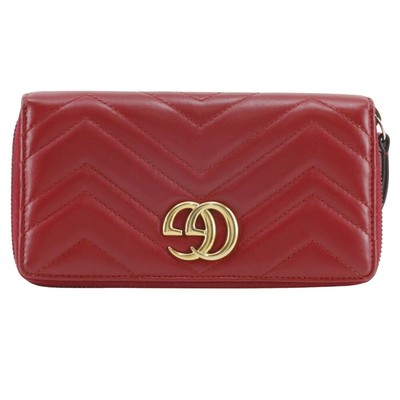 Gucci GG Marmont Zip Around Wallet Chevron Quilted Leather Red