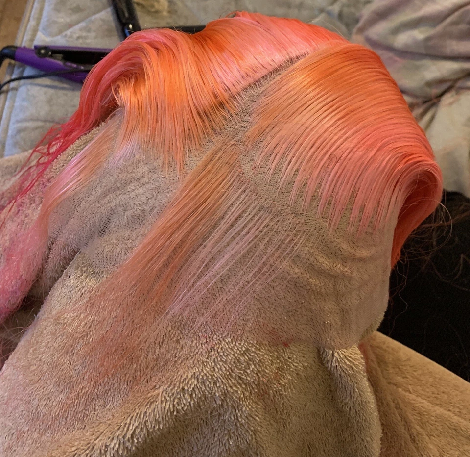 Peluca bob frontal de encaje ombré rosa claro y naranja 13x4 10 pulgadas cabello humano Foto 2 de 4