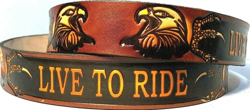 CINTURÓN LIVE TO RIDE EAGLES MOTOCICLETA EN RELIEVE 100% CUERO DE VACA HECHO EN EE. UU. - Imagen 1 de 5