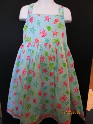 GIRLS SHELL PRINT SUNDRESS W/ BLUE & CORAL TRIM ACCENTS LG SHELL BACK COTTON KID