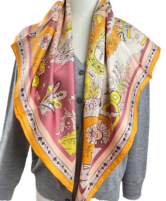 35''X35''Orange Classic Art Print Pure Twill Mulberry Silk18momme Scarf 88x88cm120