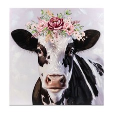 Wandbild schwarz weiße Kuh mit Blumenkranz auf Leinwand 60x60cm Formano