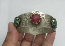 Vintage African Benin Nomadic Tuareg Tribal Color Silver Bracelet Cuff Engraved