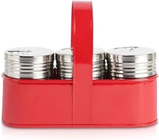 Salt and Pepper shakers with Spice Rack - 3 Retro Spice Jars in Carrying Rack