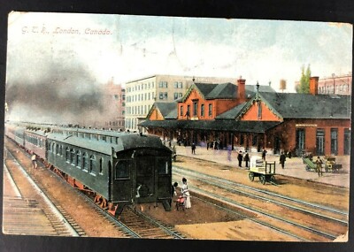 London Canada Antique Postcard Train Station Caboose Freight Downtown Passenger 